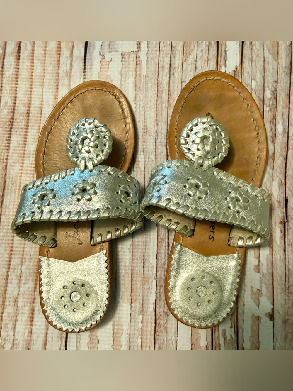 Jack Rogers Silver Leather Whipstitch Slide Sandals